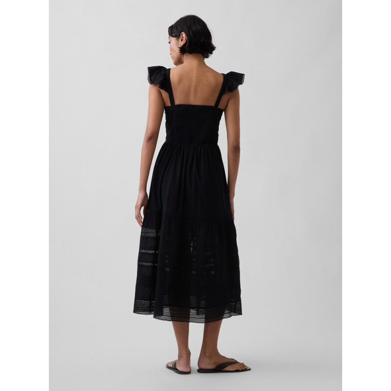 SL RUFFLE SLV LACE INSERT MAXI DRESS TRUE BLACK V2