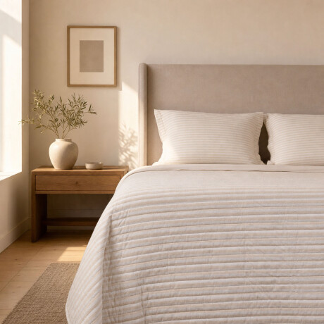 SET CUBRECAMA 1 1/2 PLAZA ALGODON NATURAL-BEIGE COTTON STRIPE ARENA