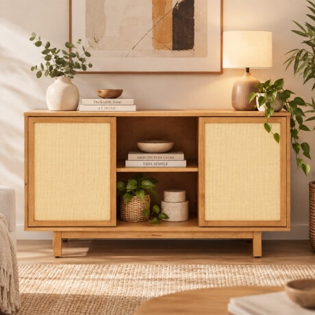BUFFET APARADOR DE MADERA 2 PUERTAS CON RATÁN Y ESTANTES BUFFET APARADOR DE MADERA 2 PUERTAS CON RATÁN Y ESTANTES