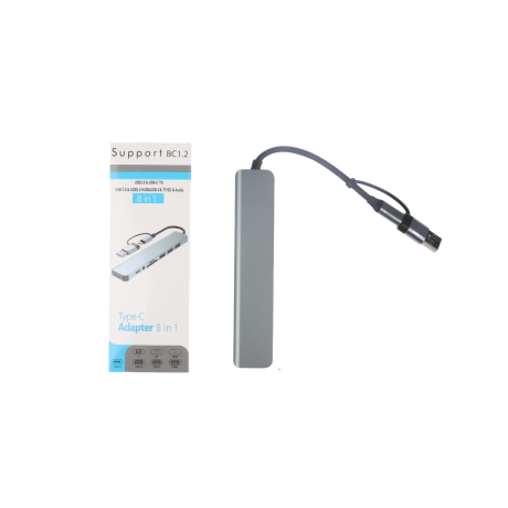 HUB USB 8 EN 1 TIPO C + TARJETA DE MEMORIA + ENTRADA DE AUDIO HUB USB 8 EN 1 TIPO C + TARJETA DE MEMORIA + ENTRADA DE AUDIO