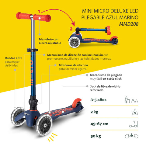 Monopatín Micro Mini Plegable Neón LED Ajustable con 3 Ruedas AZUL
