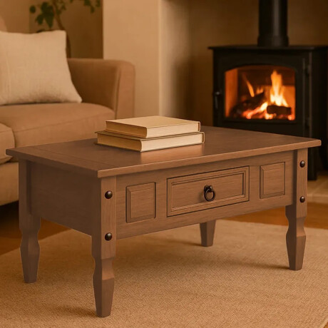 MESA RATONA LIVING DE CENTRO CON CAJÓN EN MADERA MACIZA - LÍNEA MEXICANA COLOR MADERA