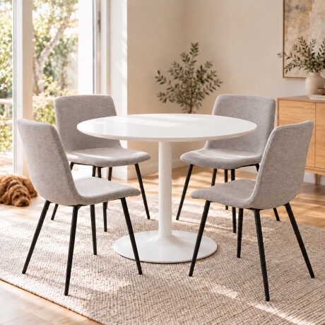 JUEGO DE COMEDOR MESA REDONDA BLANCA CON BASE CENTRAL CIRCULAR + 4 SILLAS TAPIZADAS SILLAS BEIGE