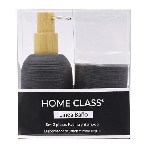 Set Baño Dispensador de Jabón y Porta Cepillo de Resina y Madera NEGRO