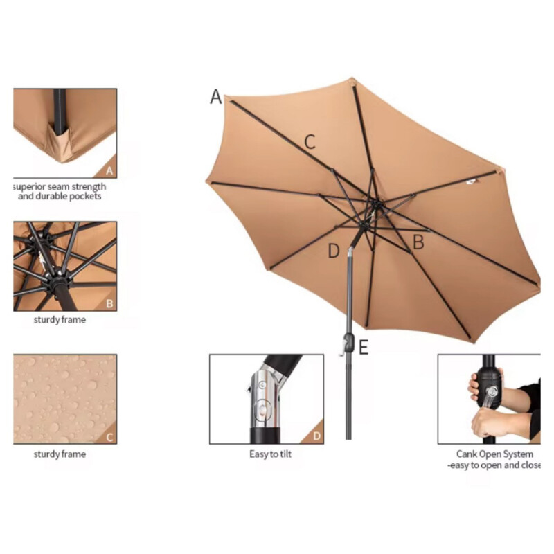 Sombrilla de Patio 2.7 m con Inclinación, Tela UV Impermeable y Base Incluida Sombrilla de Patio 2.7 m con Inclinación, Tela UV Impermeable y Base Incluida
