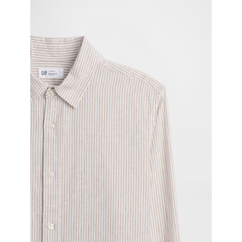 V-LS STANDARD LINEN COTTON WHITE KHAKI STRIPE