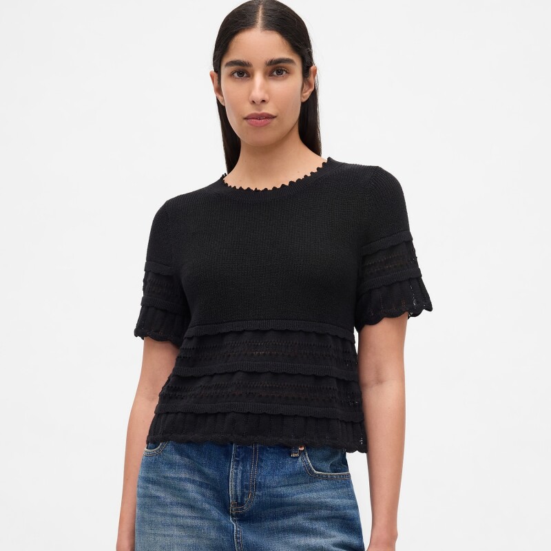 SS LINEN POINTELLE TOP BLACK