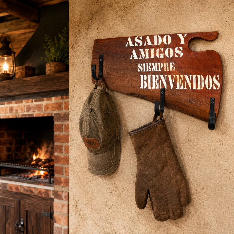 Perchero Rústico en Madera Eucalipto Rojo y Gancho de Hierro Asado y Amigos Siempre Bienvenidos- Chico Perchero Rústico en Madera Eucalipto Rojo y Gancho de Hierro Asado y Amigos Siempre Bienvenidos- Chico