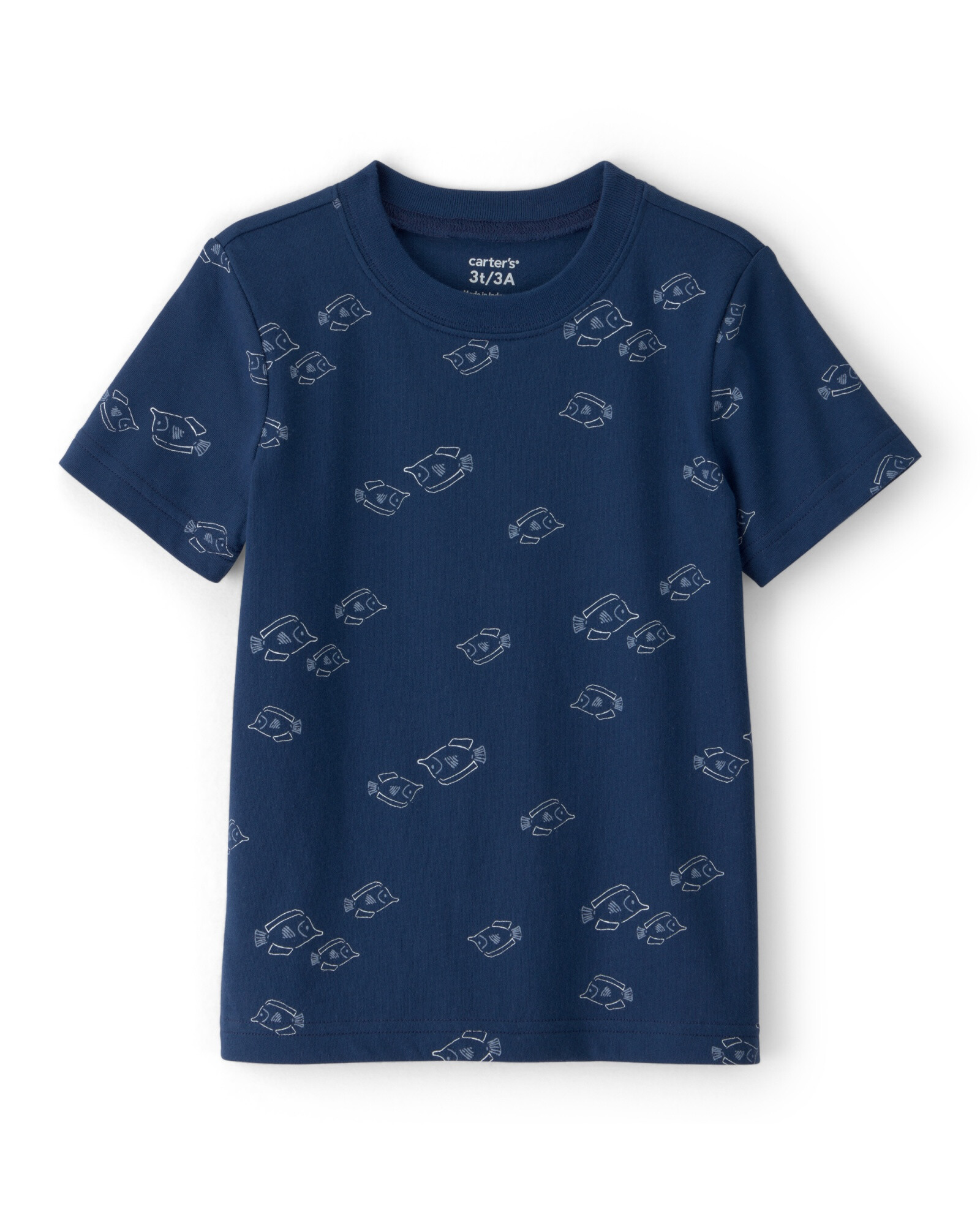 Remera de algodón, manga corta, azul marino, diseño peces Sin color