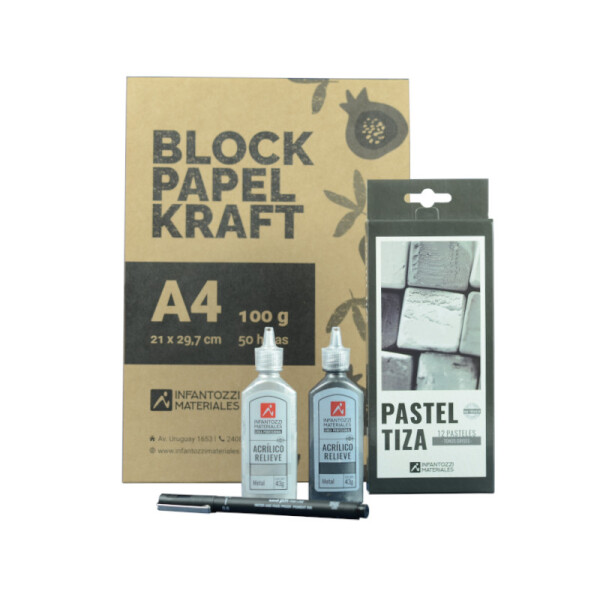 Kit Block Kraft + Pastel Tiza Tonos Grises Única