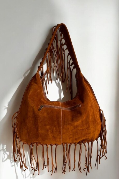 Cartera Alaska Con Flecos Linea Urbana Gamuza Color Óxido Con Arte