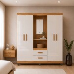 ROPERO - 4 PUERTAS 2 CAJONES CON ESPEJO BLANCO OFF WHITE