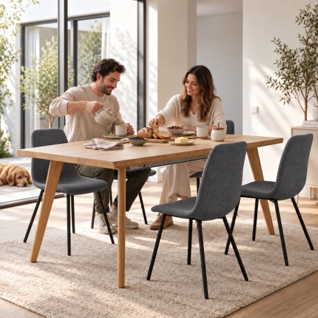JUEGO DE COMEDOR MESA RECTANGULAR EXTENSIBLE MADERA + 4 SILLAS TAPIZADAS GRIS
