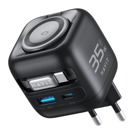 Cargador Havit UC250 GaN 35 W con Cable USB-C Retráctil y Cargador para Reloj Cargador Havit UC250 GaN 35 W con Cable USB-C Retráctil y Cargador para Reloj