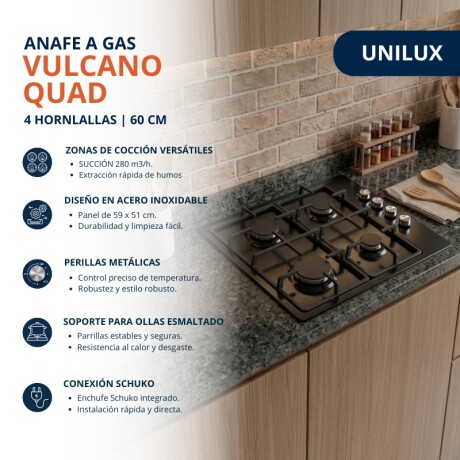 Anafe a Gas Vulcano Quad 4 Hornallas 60 cm Anafe a Gas Vulcano Quad 4 Hornallas Negro