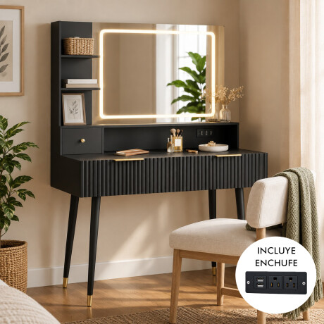 TOCADOR MAQUILLAJE MODERNO ESPEJO LUZ LED + ENCHUFE 3 CAJONES REPISAS ORGANIZADORAS PATAS METÁLICAS NEGRO