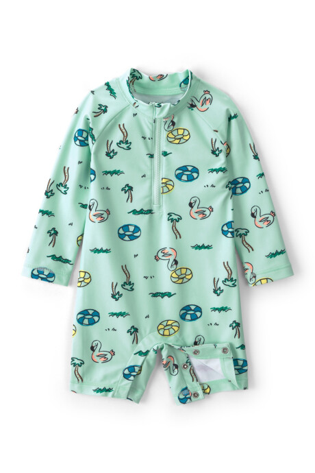 Monito de baño manga larga con protección UPF 50+, verde, diseño vacaciones Sin color