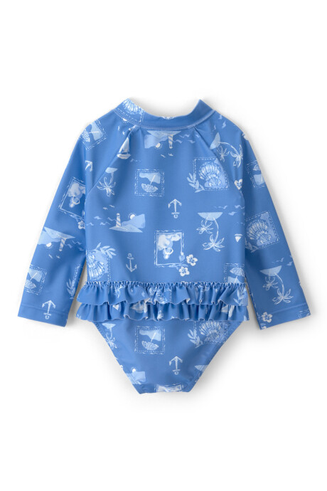 Malla de baño 1 pieza manga larga con protección UPF 50+, azul, diseño costero Sin color