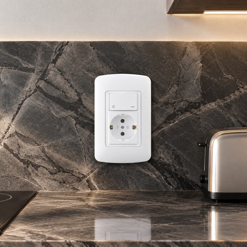 Schuko 2P+T con seguro + Interruptor Bipolar Tomacorriente Schuko 2P+T con Seguro e Interruptor Bipolar