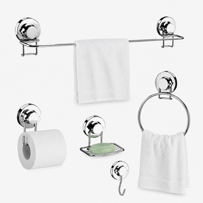 Conjunto de Accesorios 5 Piezas para Baño con Ventosa en Acero de Carbono Future - Plata Conjunto de Accesorios 5 Piezas para Baño con Ventosa en Acero de Carbono Future - Plata