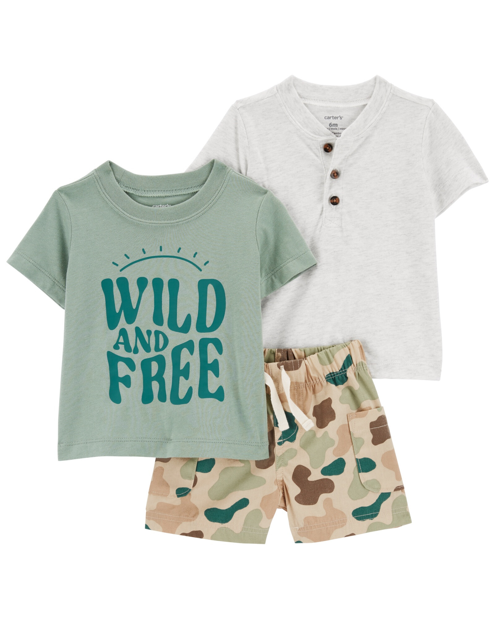 Set tres piezas de algodón, short camo y dos remeras manga corta Sin color