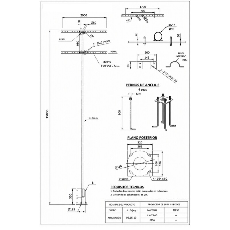 Columna Deportiva con Rack para 8 Focos 15mt Columna Deportiva con Rack para 8 Focos 15mt