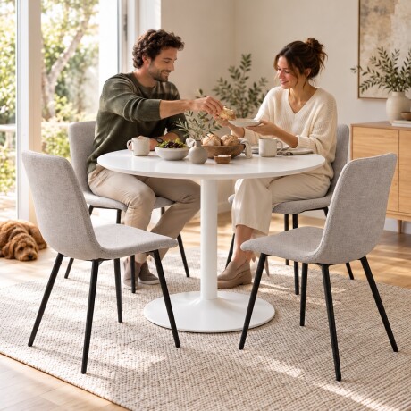 JUEGO DE COMEDOR MESA REDONDA BLANCA CON BASE CENTRAL CIRCULAR + 4 SILLAS TAPIZADAS SILLAS BEIGE