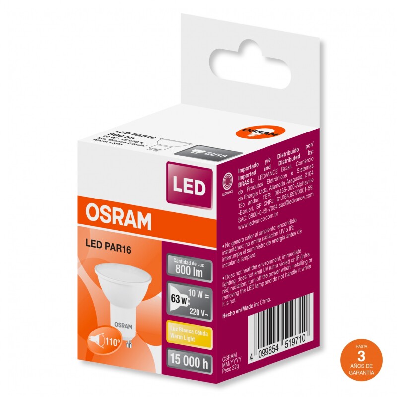 DICROICA OSRAM 10W GU10 Dicroica LED OSRAM GU10 PAR16 ECO 10W 110º 3000K Luz Cálida