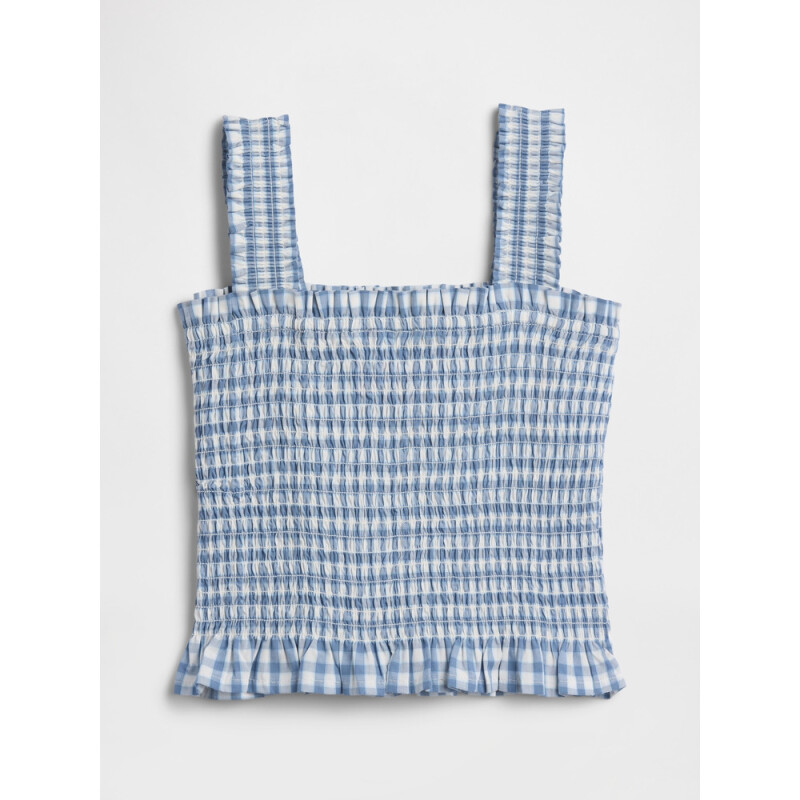 V-SMOCKED WOVEN TOP NAVY GINGHAM