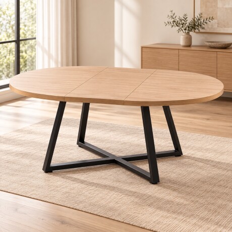 MESA DE COMEDOR REDONDA EXTENSIBLE A OVALADA MADERA CON BASE NEGRA EN METAL MESA DE COMEDOR REDONDA EXTENSIBLE A OVALADA MADERA CON BASE NEGRA EN METAL