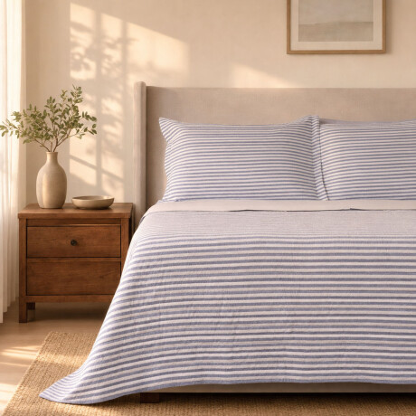 SET CUBRECAMA SUPER KING ALGODON AZUL COTTON STRIPE