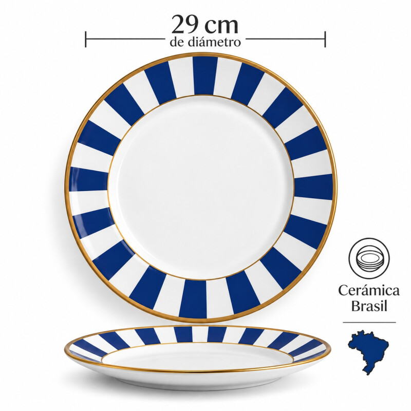 Juego de 6 Platos Llanos de Cerámica Alleanza 29cm Stripe Azul Juego de 6 Platos Llanos de Cerámica Alleanza 29cm Stripe Azul