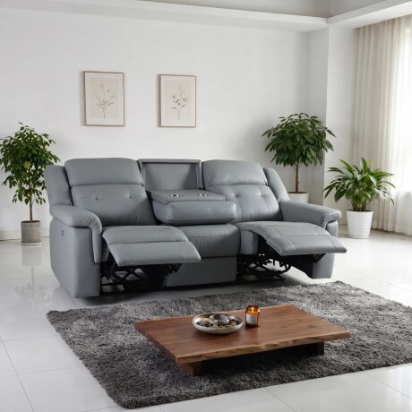 Sillón Sofá Cuero Ecológico 3 Cuerpos Eléctrico Reclinable Gris