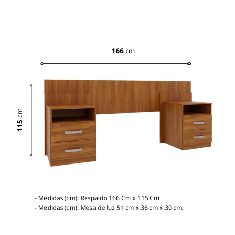 RESPALDO CABECERA CON 2 MESAS DE LUZ DE 2 CAJONES COLOR MADERA