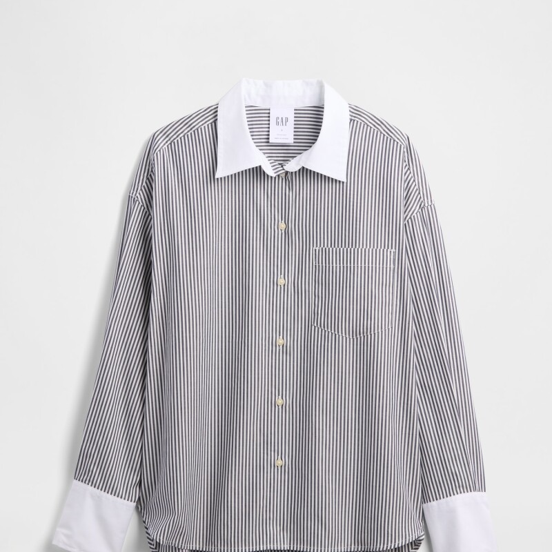 V-POPLIN BIG SHIRT - CONTRAST CUFF/COLLAR NAVY STRIPE