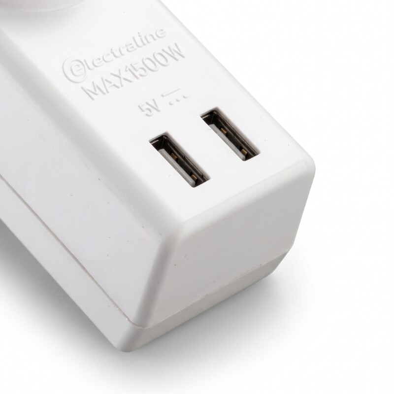 ADAPTADOR TRIPLE SCHUKO +2USB 2.1A Adaptador Triple Schuko + 2 Tomas + 2 USB 2.1A Blanco