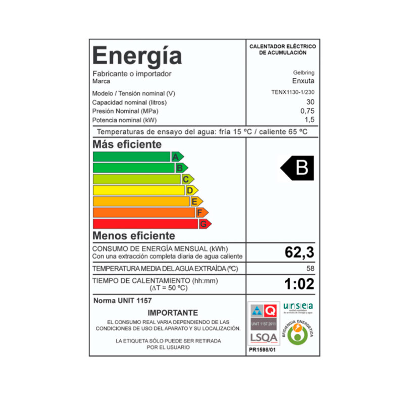 TERMOTANQUE ENXUTA 30 L TENX 1130 ACERO N/A