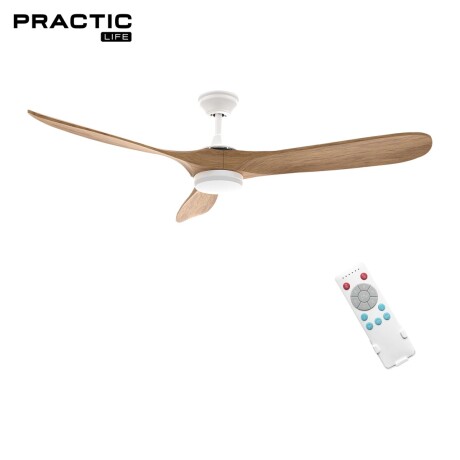 Ventilador de Techo Practic Life FS52930C 60" con 3 Aspas de Madera, Luz LED y Control Remoto Blanco