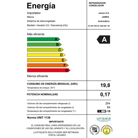 Heladera Frío seco 338 L blanco James RJ 401 INV B Heladera Frío seco 338 L blanco James RJ 401 INV B