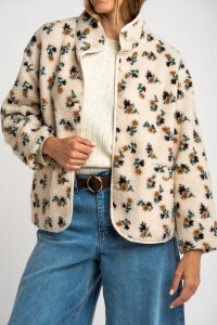 Campera Corderito Estampada Flores Nácar
