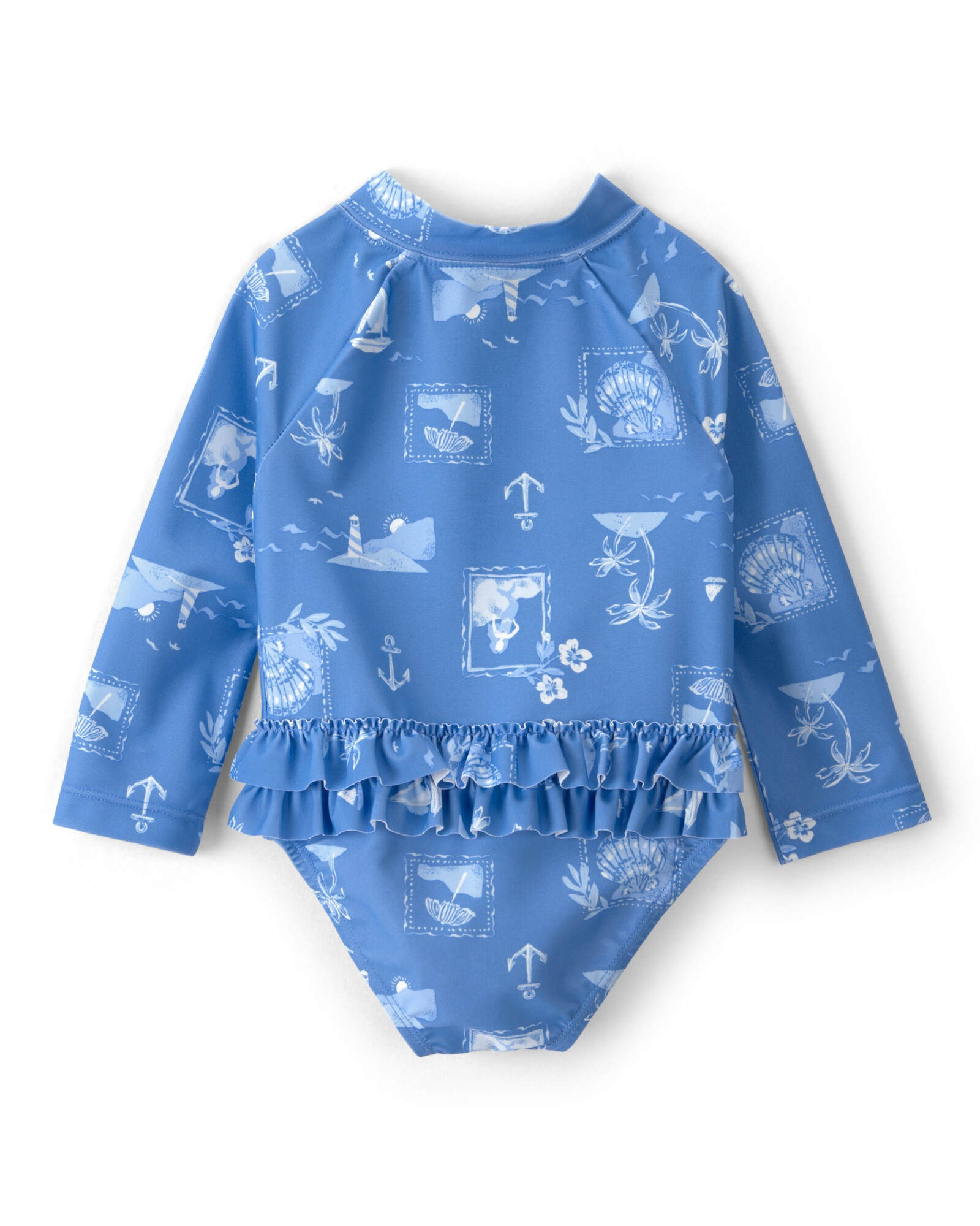 Malla de baño 1 pieza manga larga con protección UPF 50+, azul, diseño costero Sin color