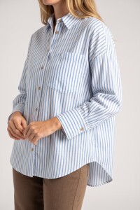 Camisa Rayada Con Lino Light Blue