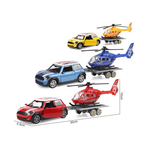 Set de Auto con Tráiler para Helicóptero Colores Surtidos U