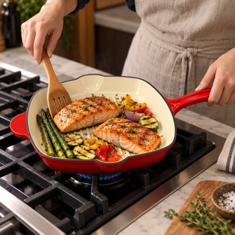 SARTEN DE HIERRO FUNDIDO CON GRILL FIRE KING 26 CM ROJA SARTEN DE HIERRO FUNDIDO CON GRILL FIRE KING 26 CM ROJA