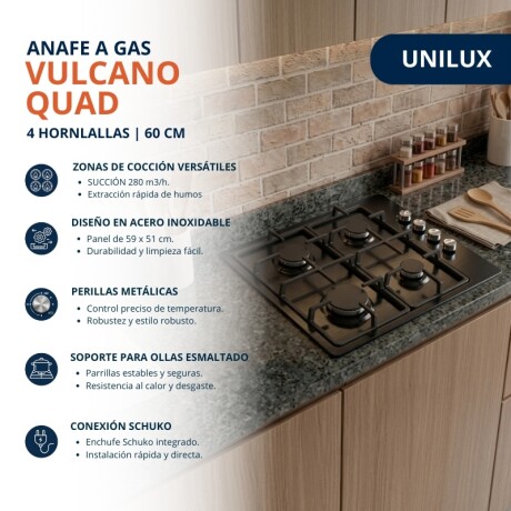 Extractor + Anafe Pack De Extractor Purificador Nubia + Anafe A Gas Vulcano Quad 4 Negro