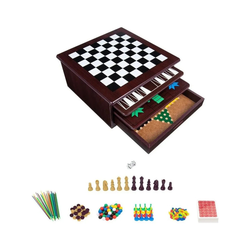 Set de 12 juegos de mesa clásicos en caja de madera Set de 12 juegos de mesa clásicos en caja de madera