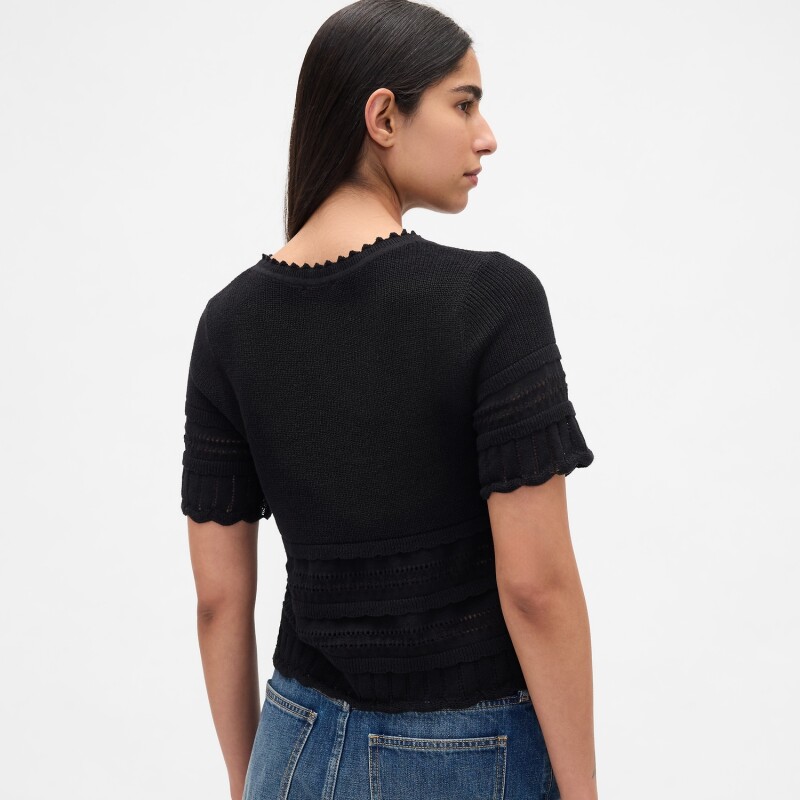 SS LINEN POINTELLE TOP BLACK