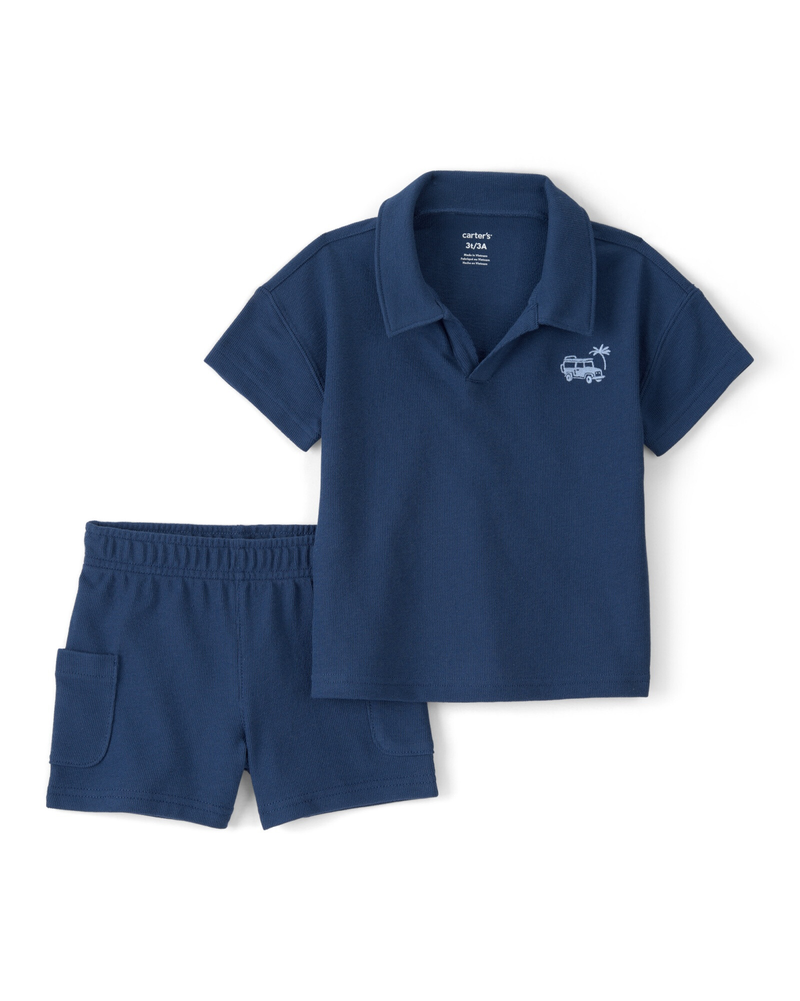 Set dos piezas de algodón, short y remera, azul marino, auto bordado. Talles 2-5T Sin color