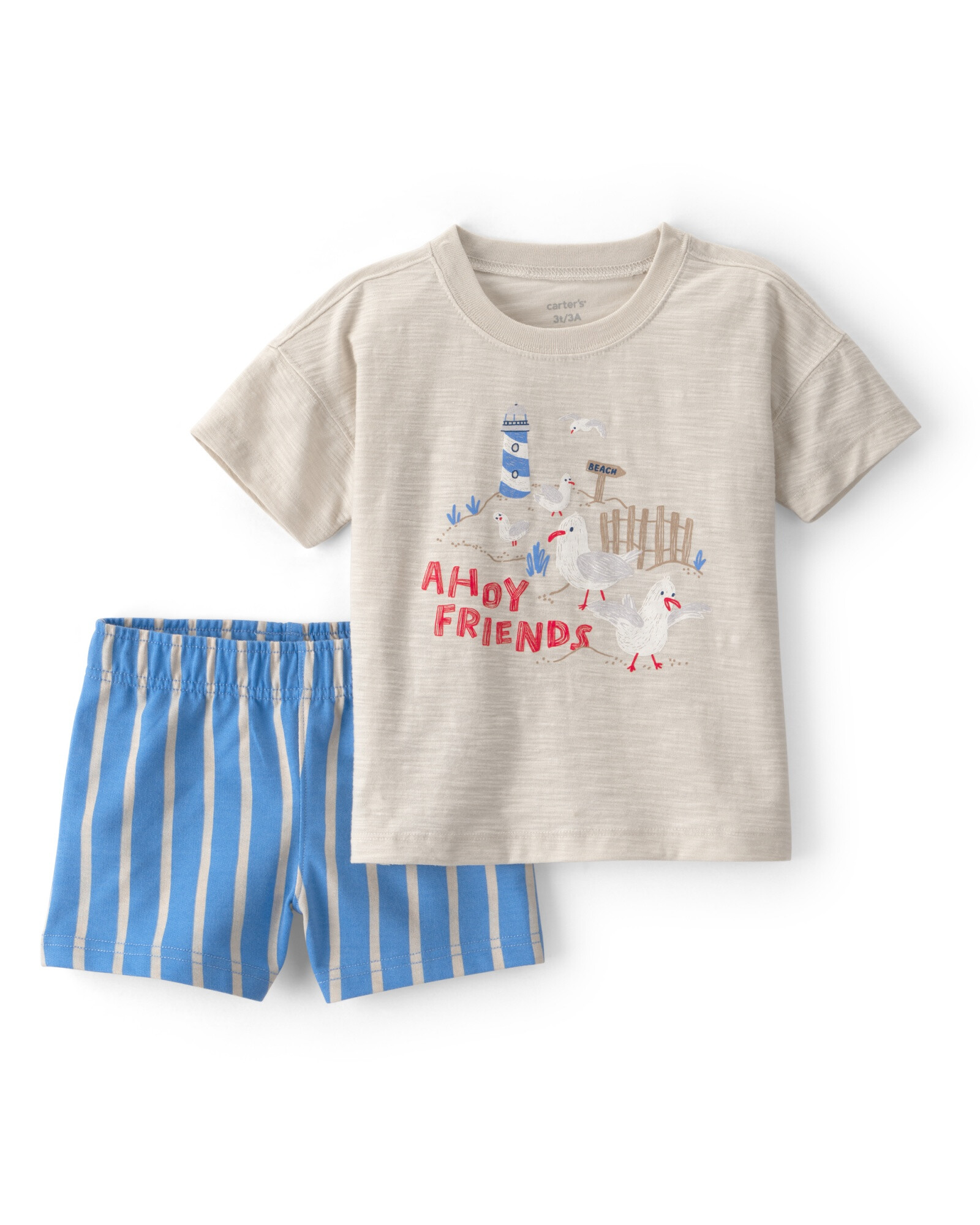 Set dos piezas de algodón, short a rayas y remera estampa gaviotas. Talles 2-5T Sin color