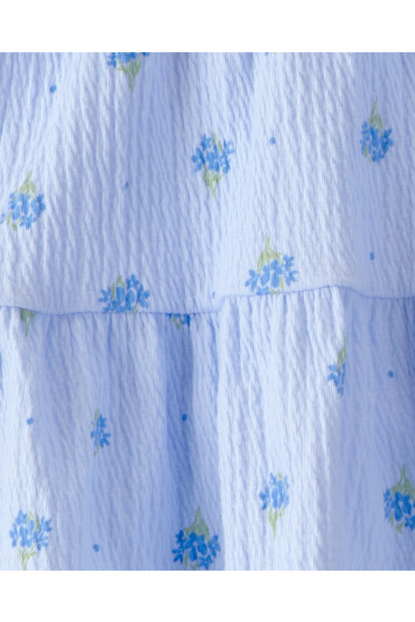 Set dos piezas, short pollera de jersey arrugado y remera de algodón, azul, diseño floral Sin color